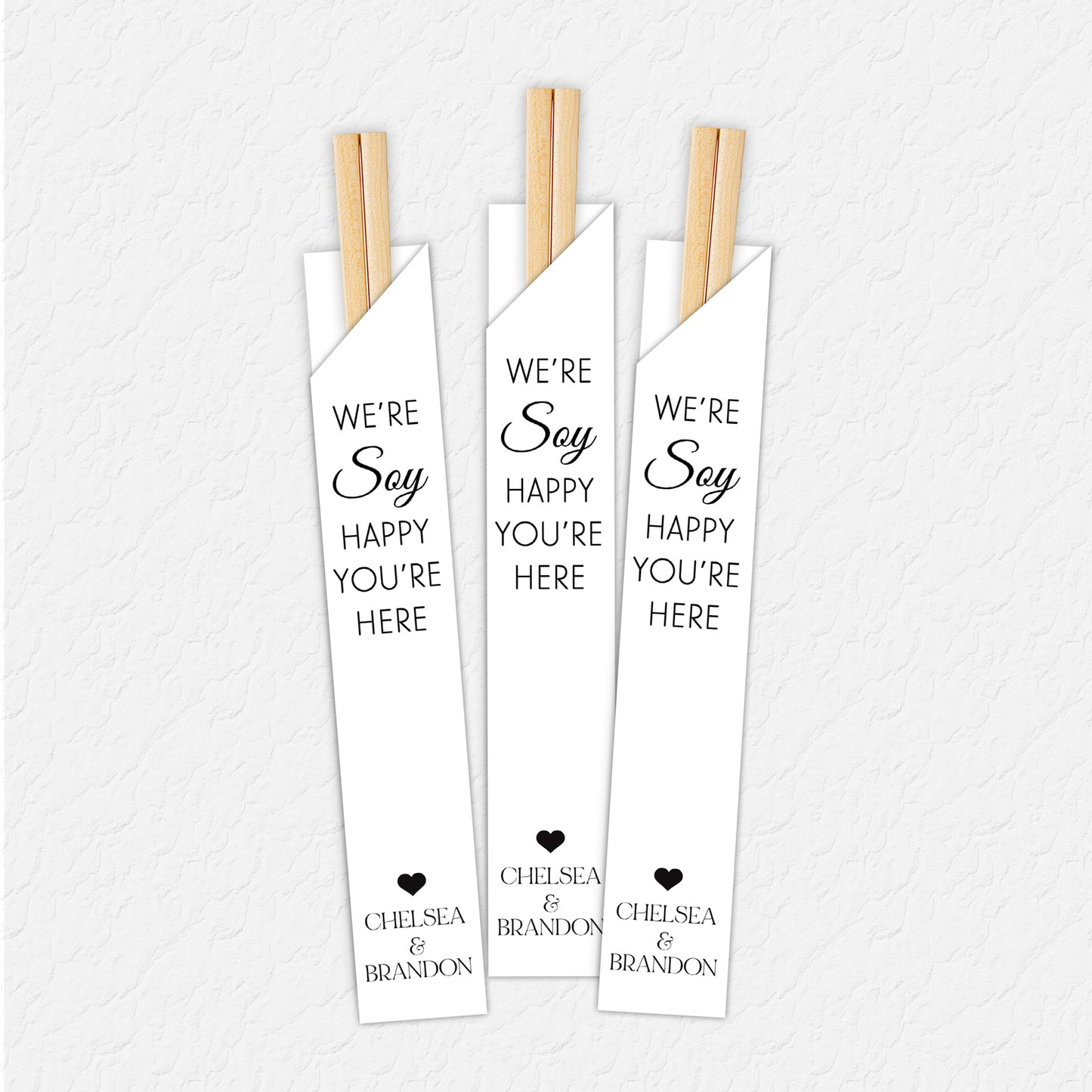 Soy Happy You’re Here Wedding Chopstick Sleeves